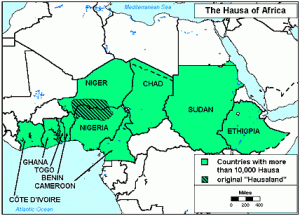 A map showing the distribution of people speaking the Hausa language in Africa